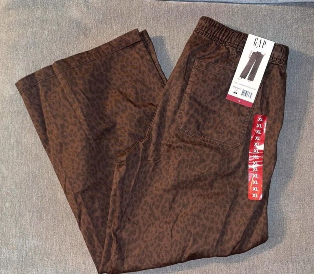 Gap Twill Drawstring Pants Brown Animal Cheetah Print NWT Size XL